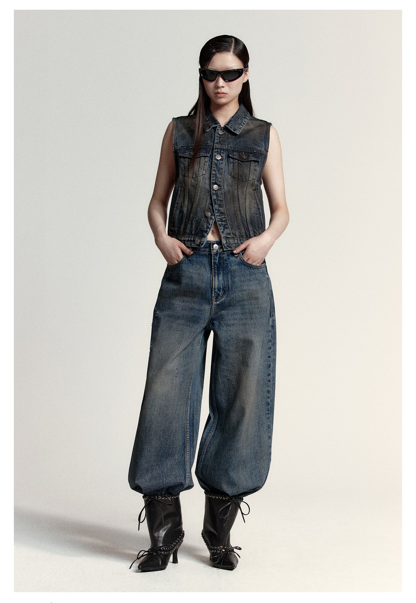 Wide straight washed retro denim pants