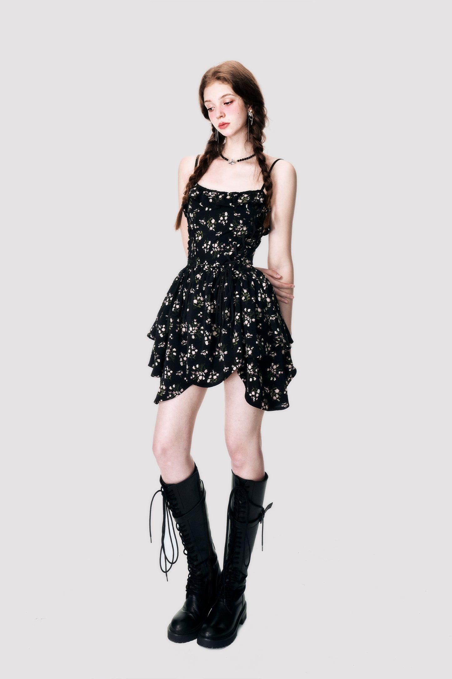 Irregular Waist Floral Short Length Dress