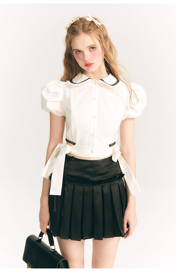 Side Ribbon Puff Sleeve Short Shirt