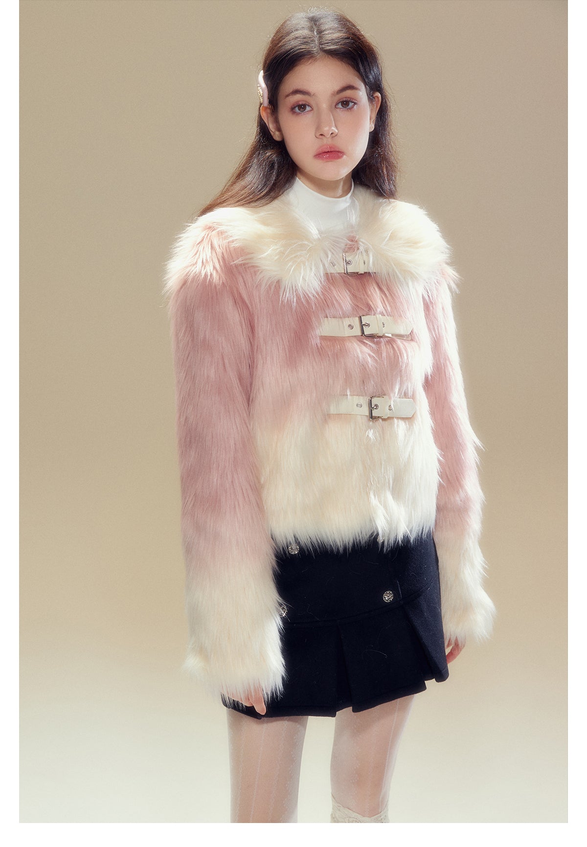 Short Length Gradient Leather Buckle Fur Jacket