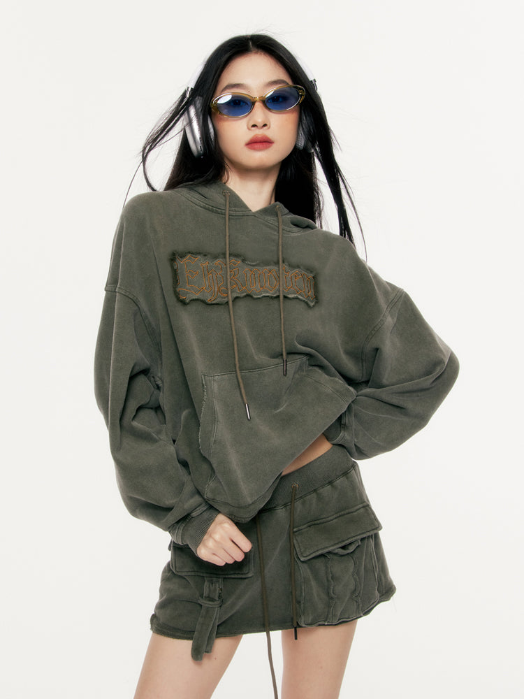 Embroidered Edge Loose Military Green Sweatshirt Setup