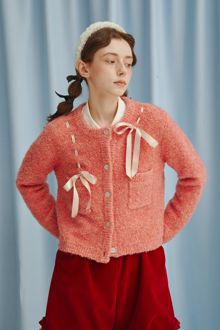 Ribbon design wool knit cardigan jacket