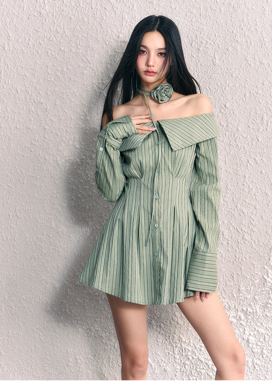 Off-Shoulder Striped Short Length Shirt Dress