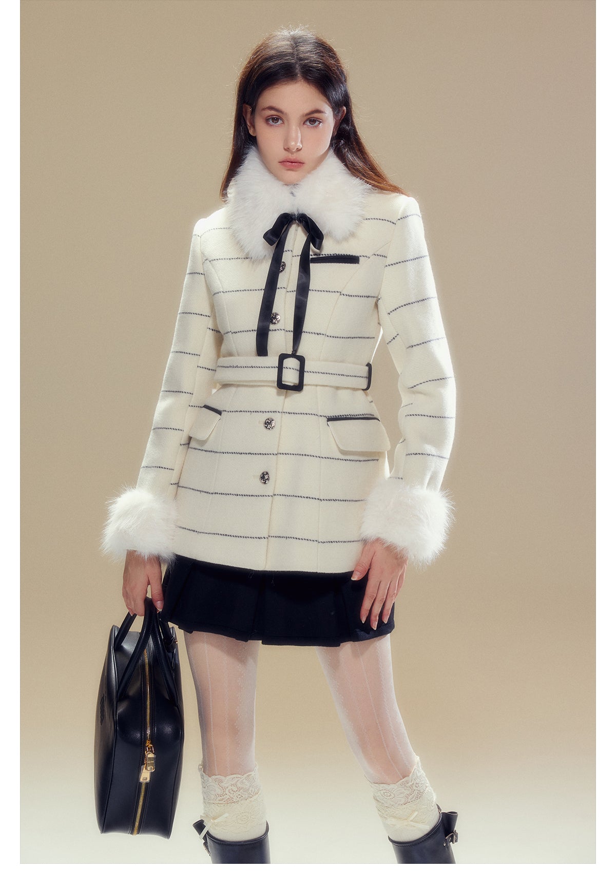 Short length striped collar fur wool coat