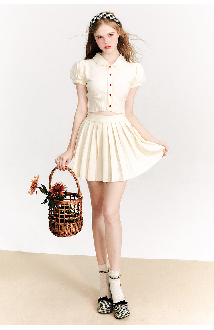 Puff Sleeve Short Length Knit & Pleated Short Length Skirt Setup