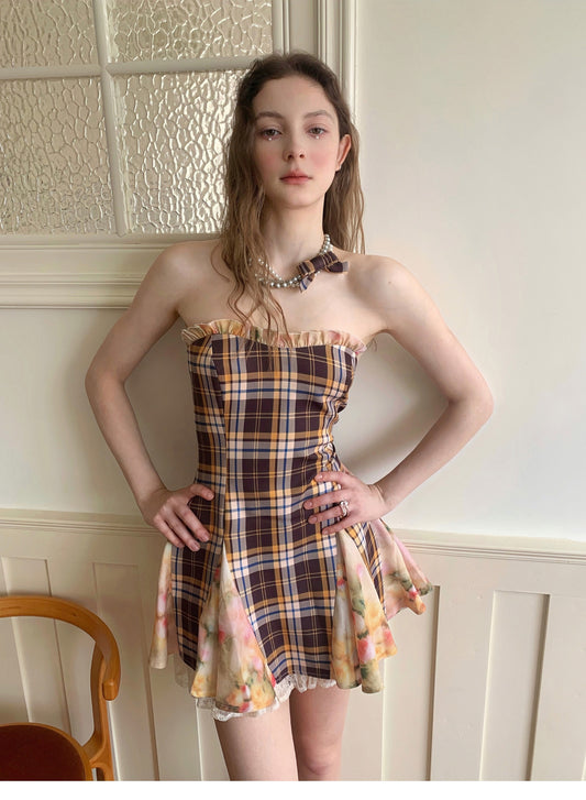 Original Checked Splicing Floral Dress