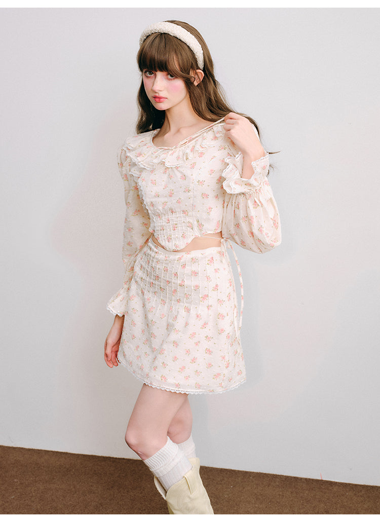 Rose Round Neck Ruffle Blouse &amp; Short Length Skirt Set-Up