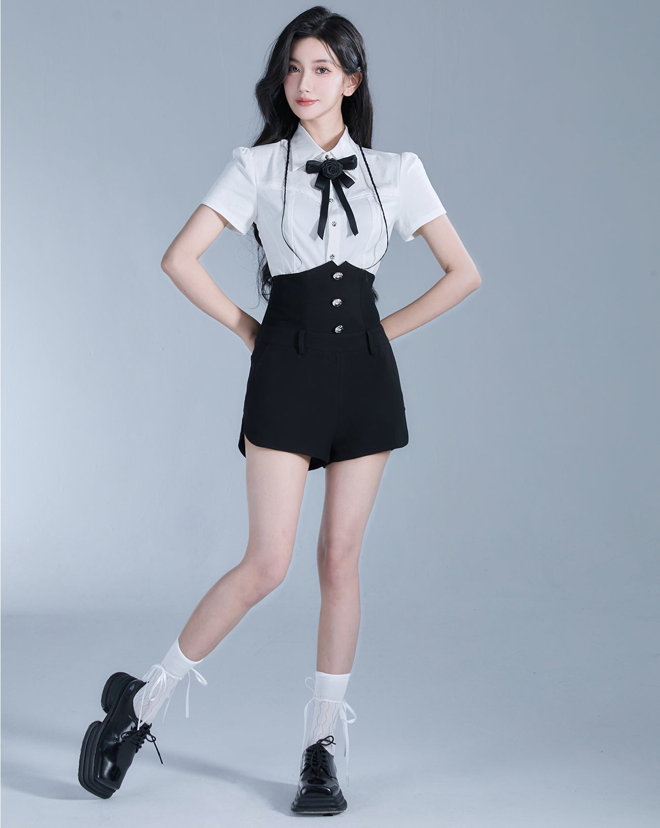 Rose Ribbon Slim Fit Shirt & High Waist Slim Fit Short Length Skirt Set Up