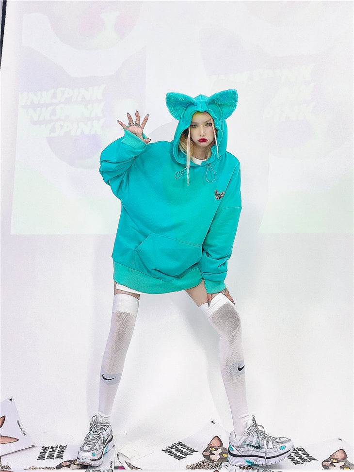 Loose Fit Cat Ear Simple Hoodie