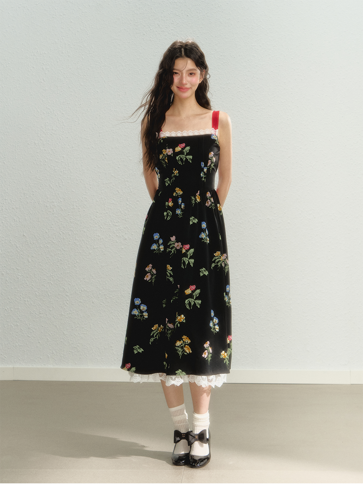 Floral Pattern Waist Suspender Skirt