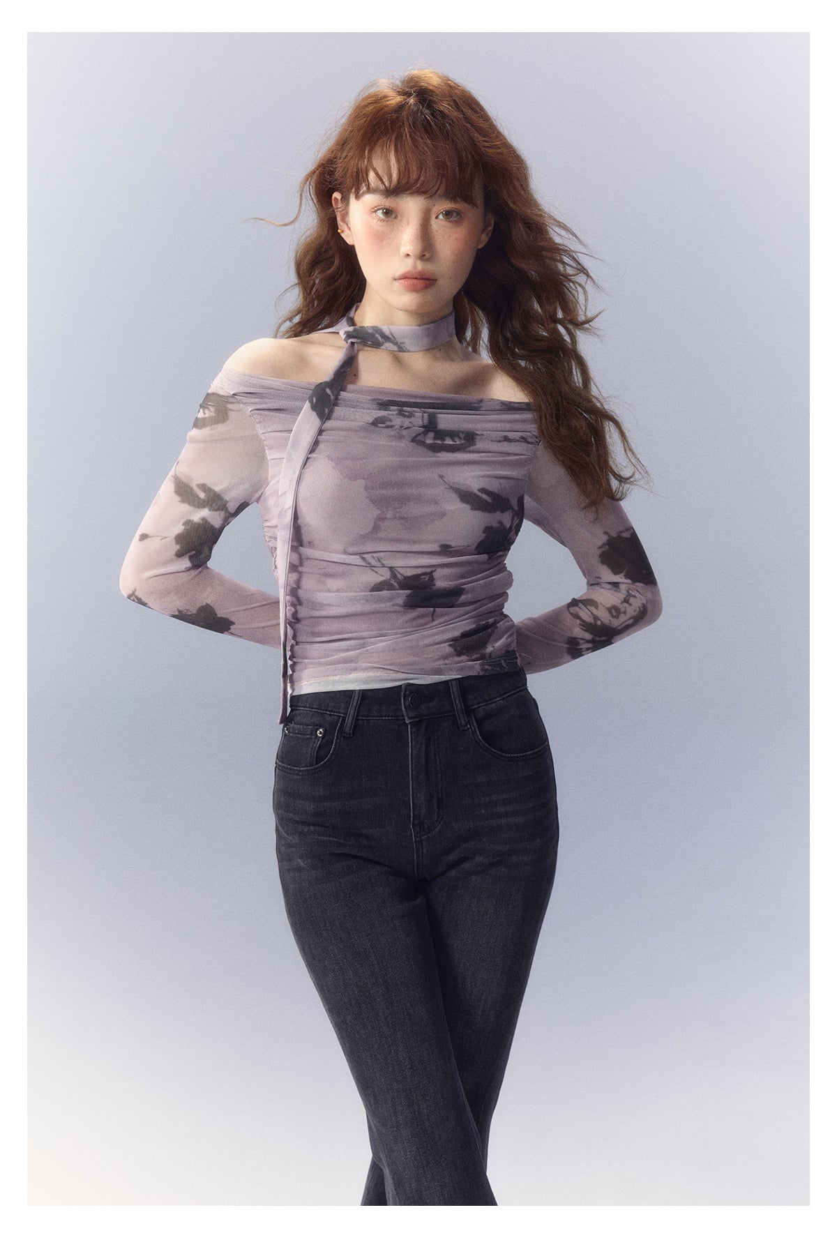 Purple Butterfly Rose Print Mesh Long-Sleeved T-Shirt