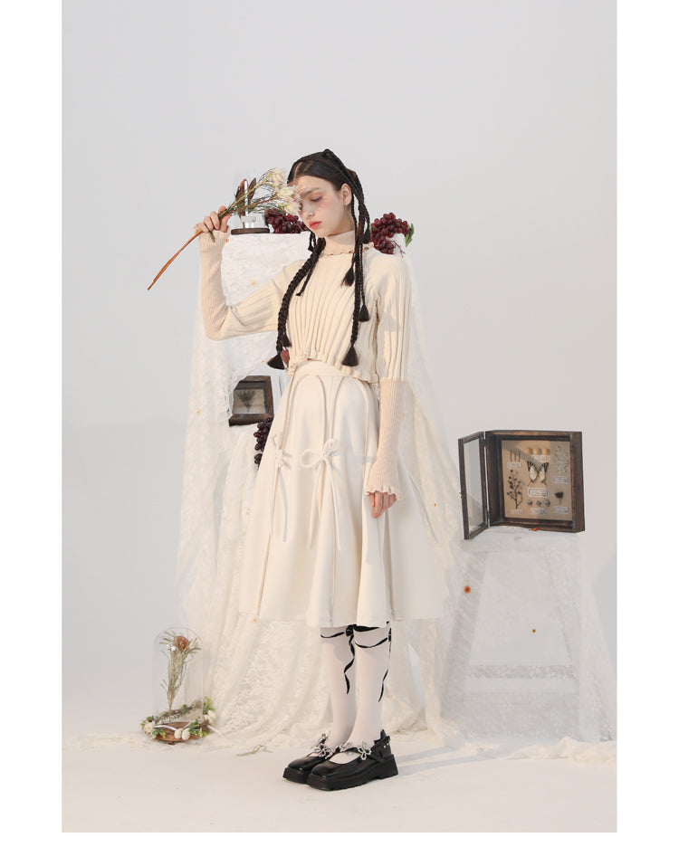 Short Length Puff Sleeve Jacket & High Waist Long Ribbon Skirt Setup