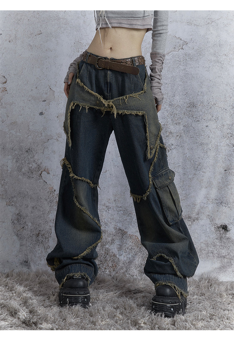 Washed Star Damaged Design Denim Pants