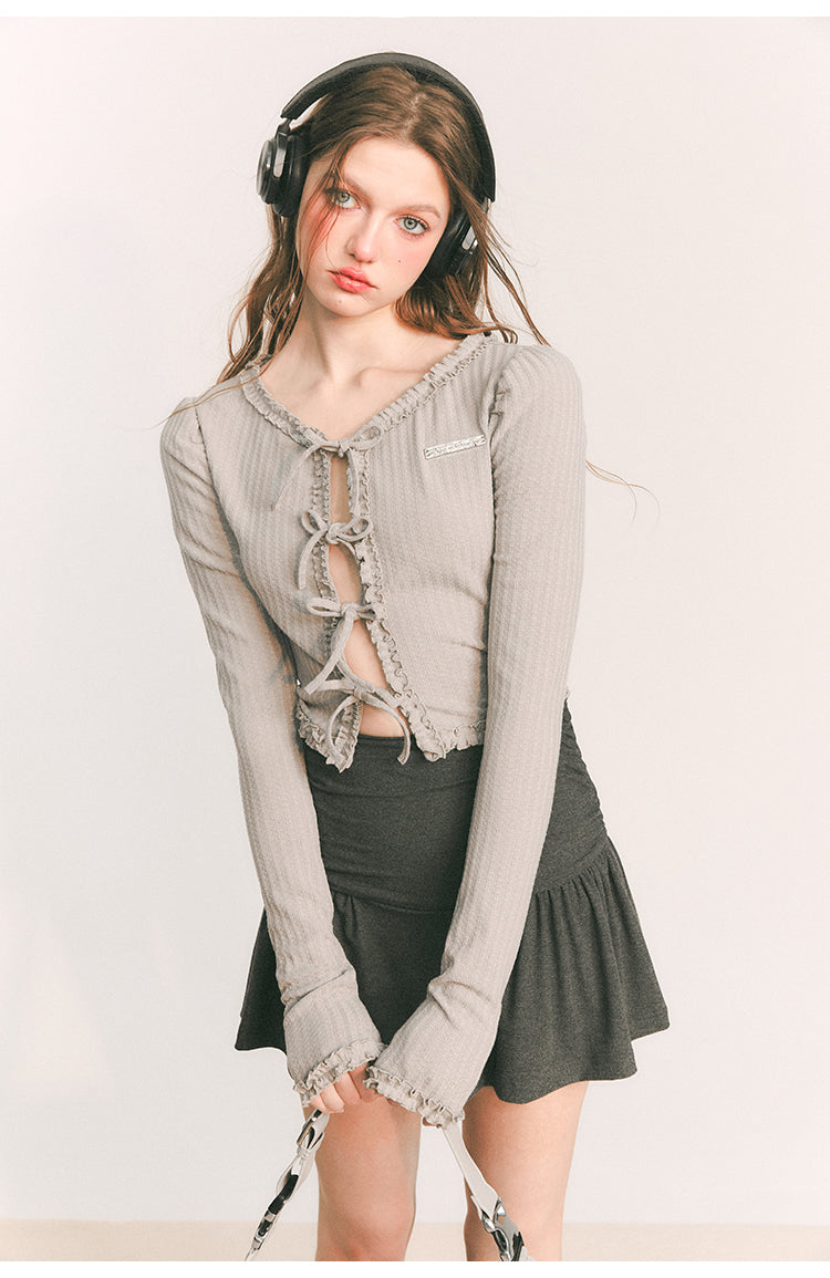 Front  Ribbon Tight Long Sleeve Knit