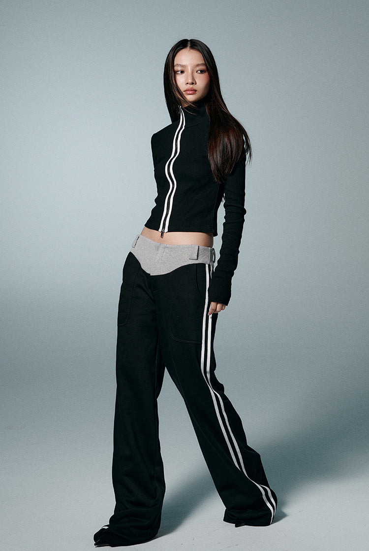 Zip Tight Fit Knit Top&Loose Straight Sideline Sports Pants Setup