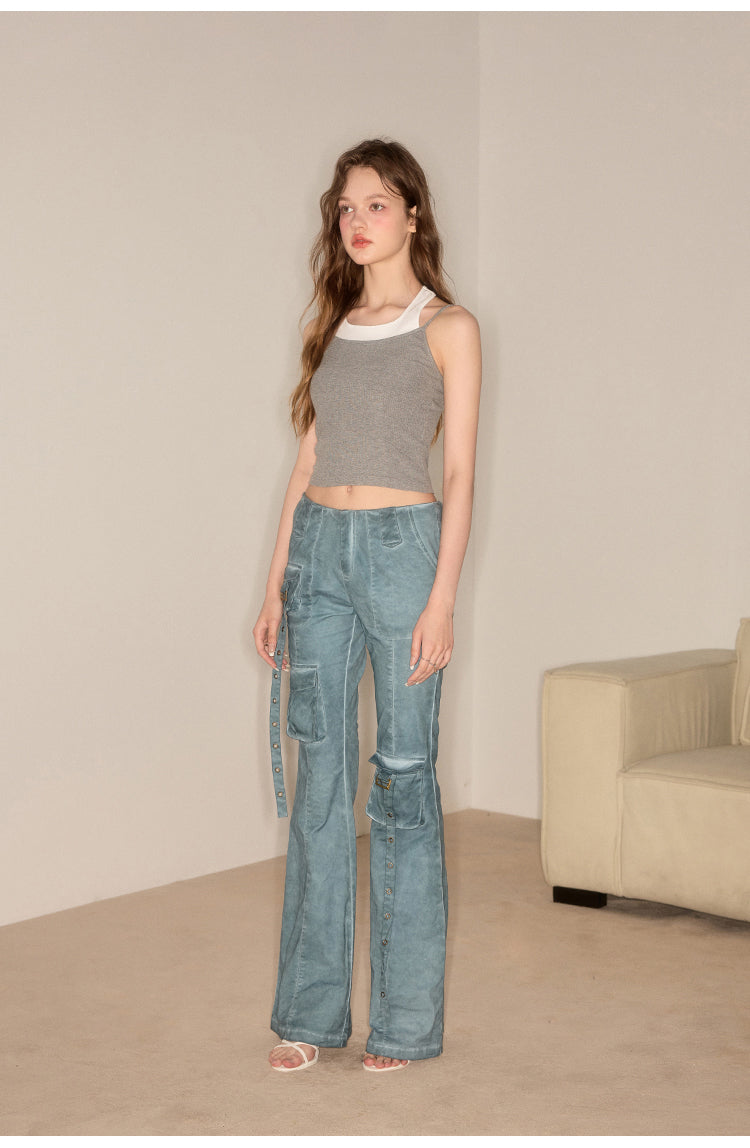 Flare Wash Overall Wide Leg Pants