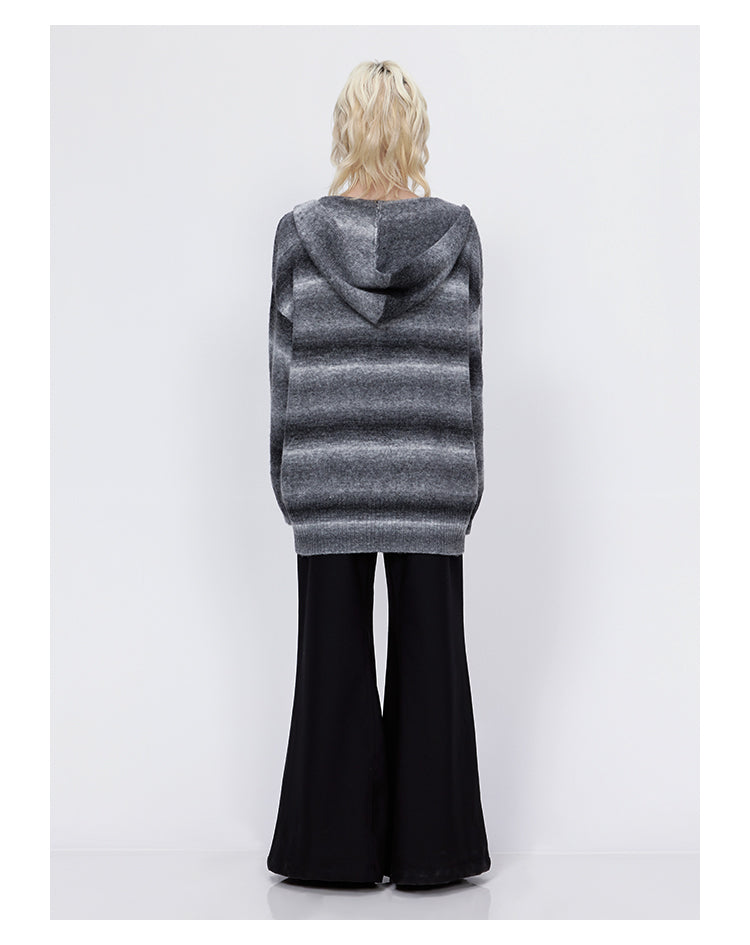 wool striped knit hood cardigan