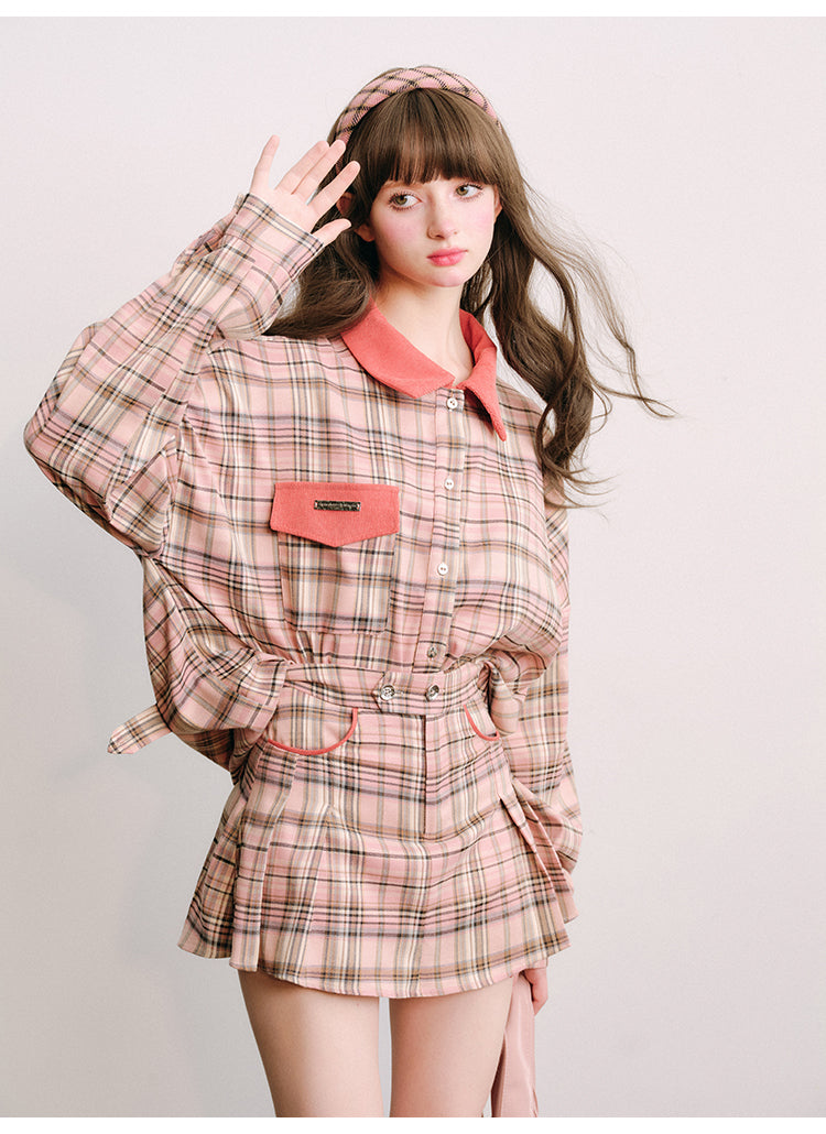 Loose Fit Plaid Shirt Jacket &amp; Pleated Skirt Set-Up