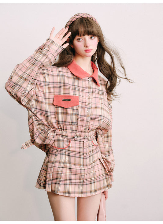 Loose Fit Plaid Shirt Jacket & Pleated Skirt Set-Up