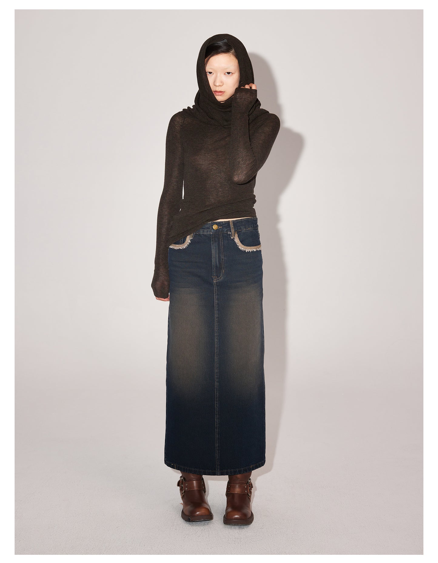 Slim Fit Long Length Washed Denim Skirt