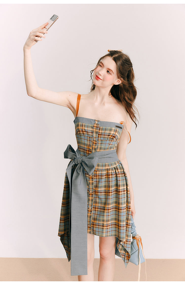 Back Ribbon Plaid Short Suspender One-piece