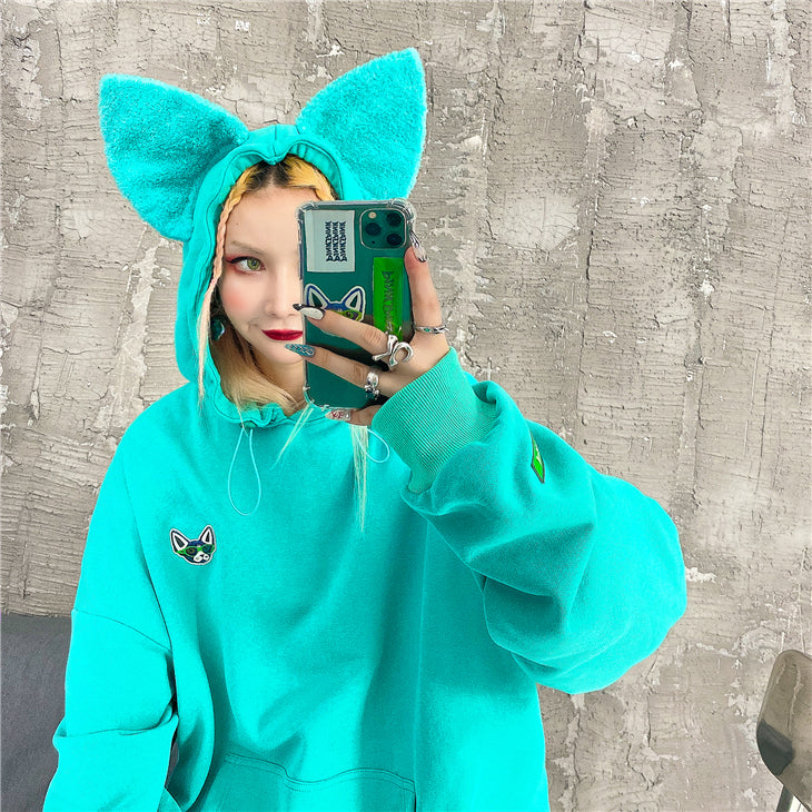 Loose Fit Cat Ear Simple Hoodie