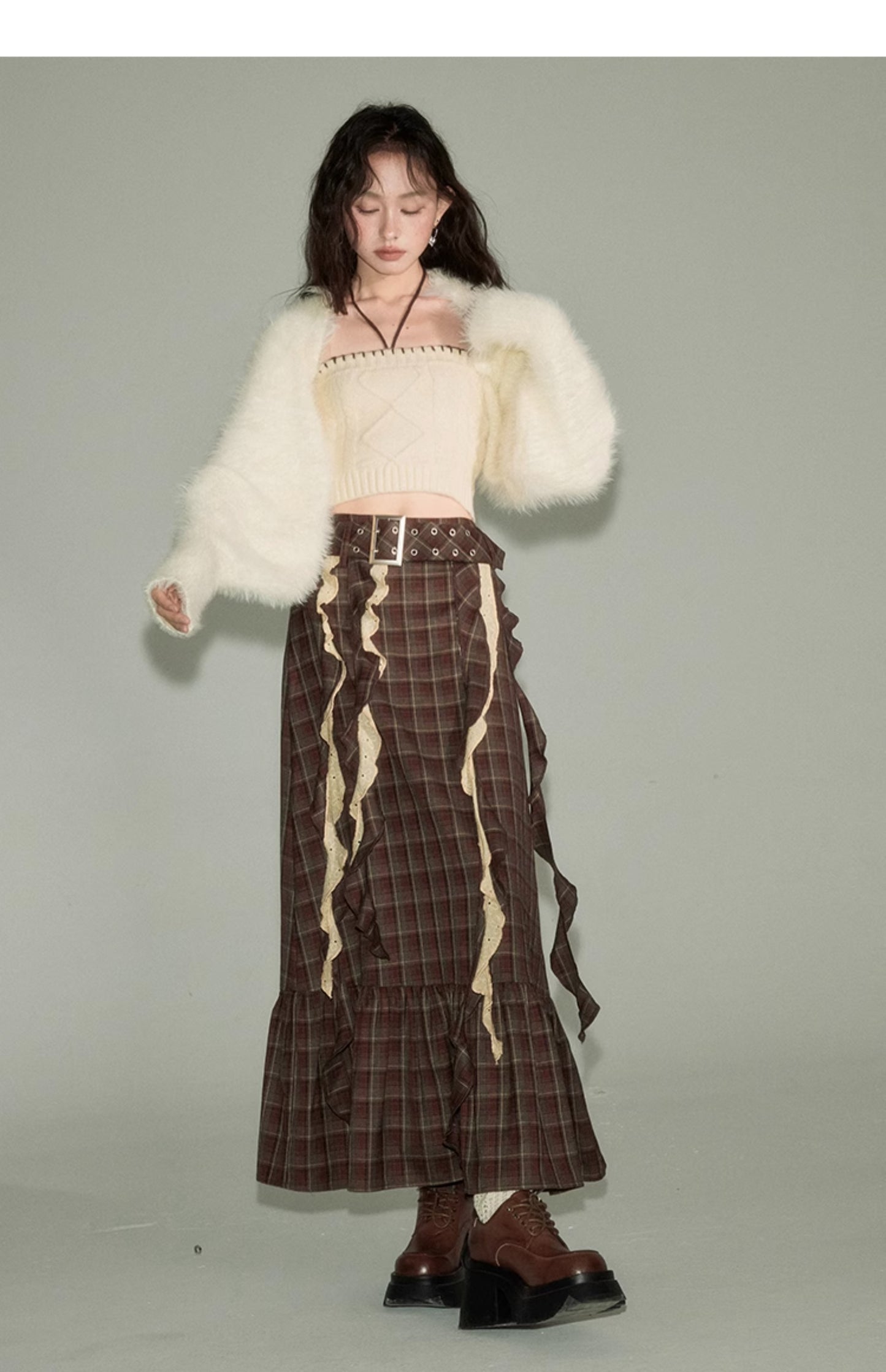 Irregular Design Plaid Long Length Skirt