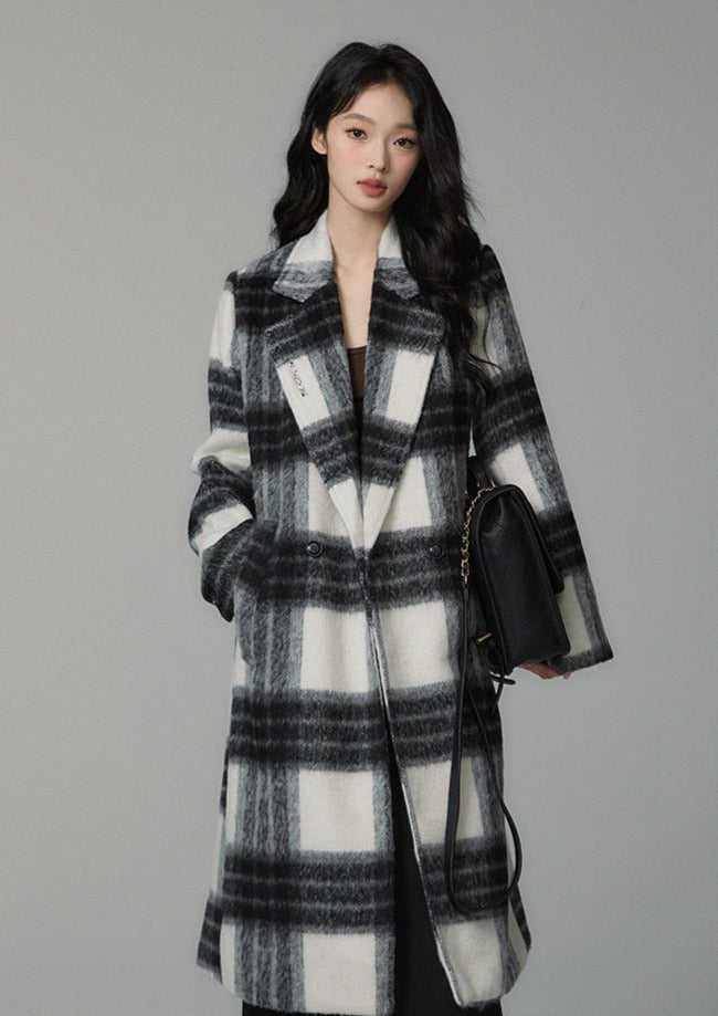 Checked wool mid-length coat