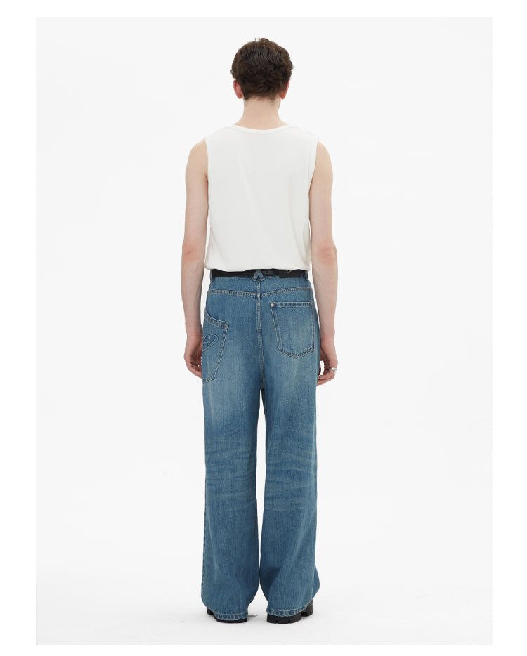 Wide leg irregular pocket washed denim pants