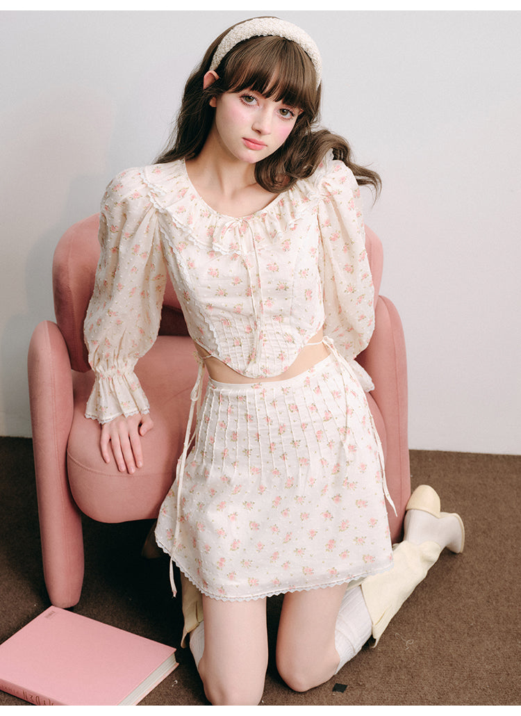 Rose Round Neck Ruffle Blouse & Short Length Skirt Set-Up