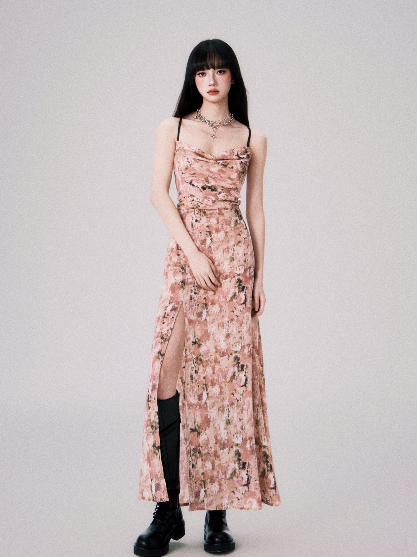 Slim fit floral slit suspender dress