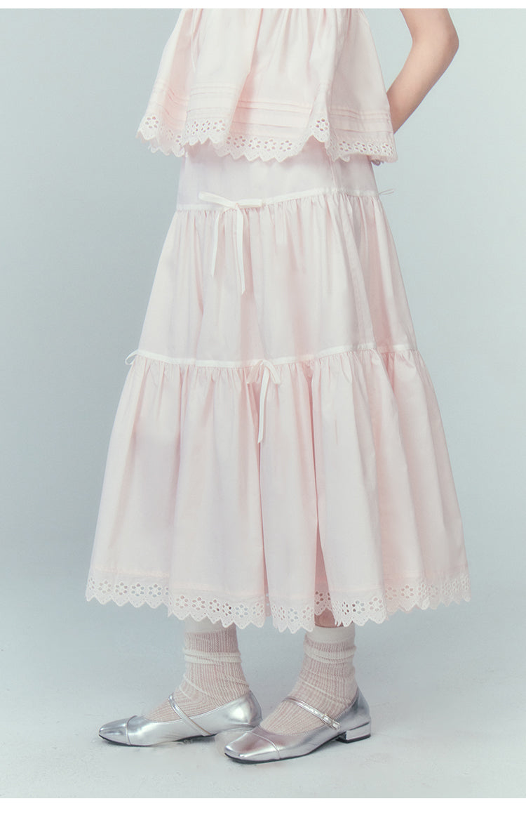 Front Bow Puff Short Sleeve Suspender Blouse &amp; A-Line Long Sleeve Skirt Set Up