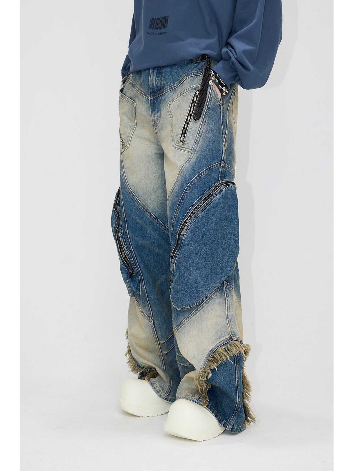 Loose Straight Multi-pocket Washed Denim Pants