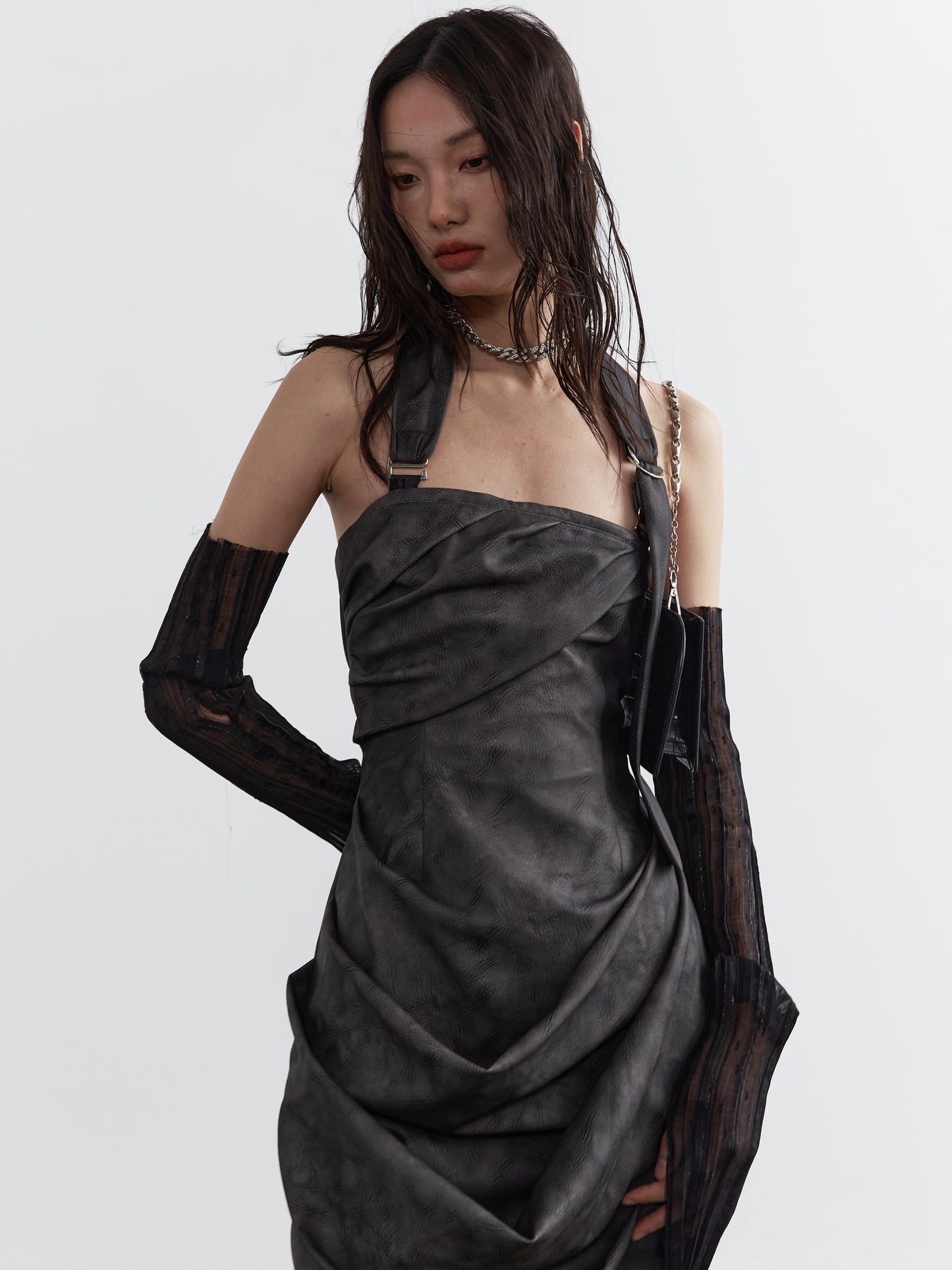 PU leather halter-neck dress