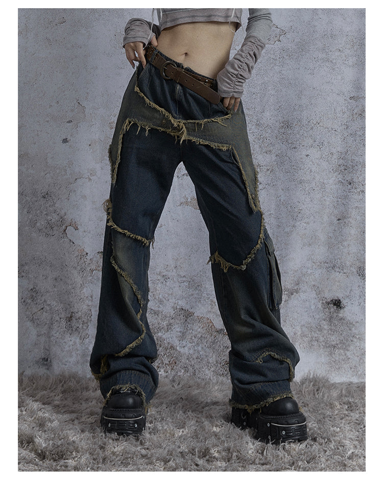 Washed Star Damaged Design Denim Pants