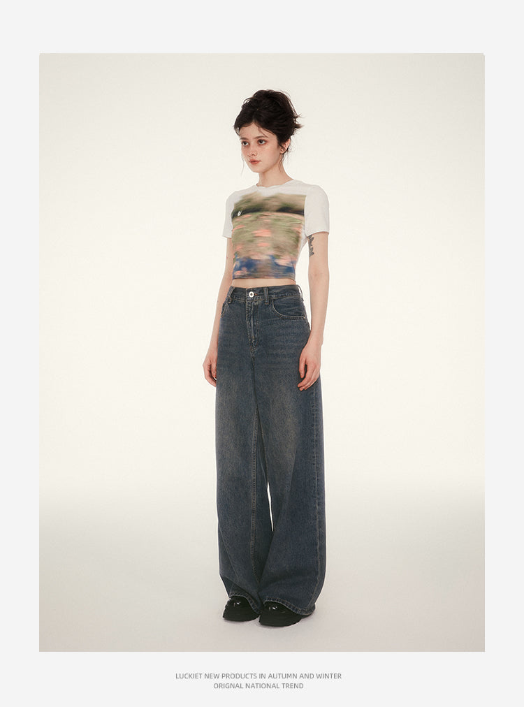 Retro wash wide leg pants casual loose jeans