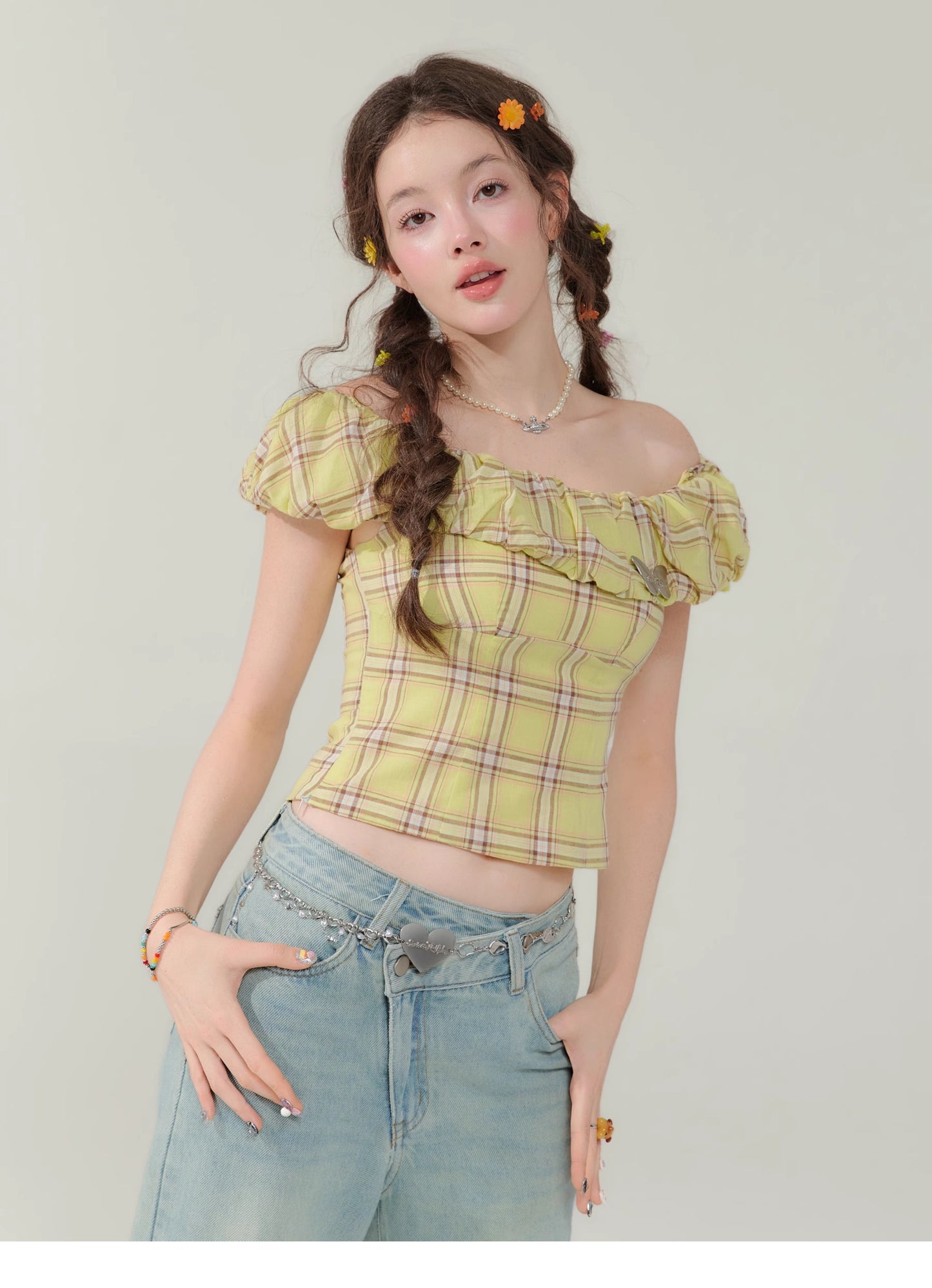 Plaid one-shoulder shirt