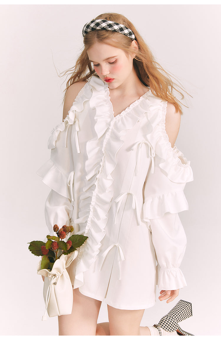 Off-the-shoulder Frilled V-neck Shirt Dress