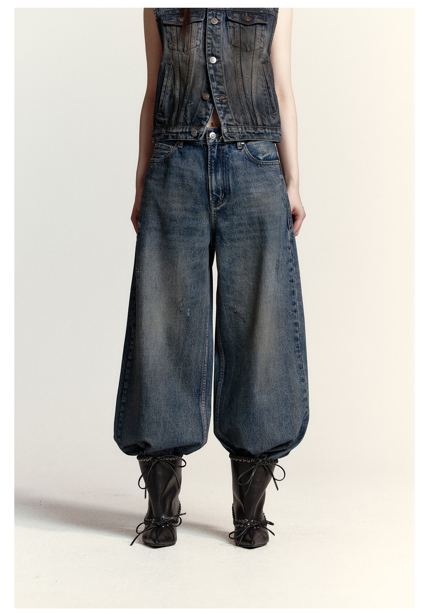 Wide straight washed retro denim pants