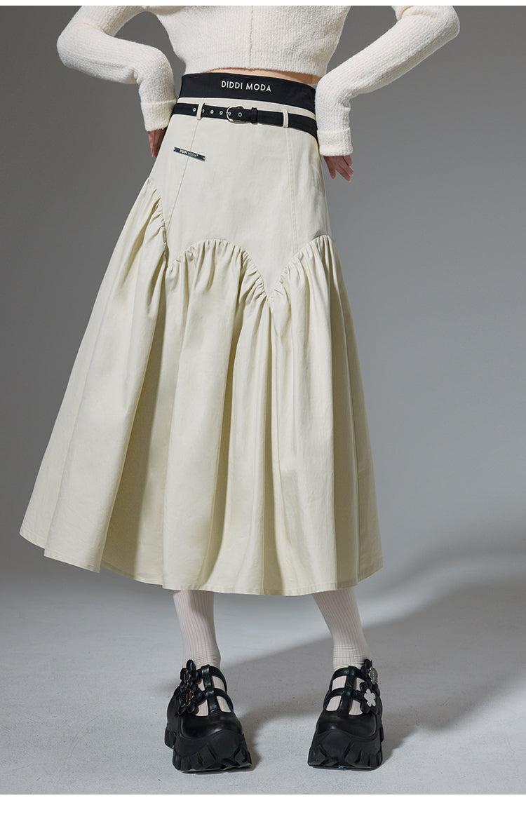 High Waist Stitch Pleated A-Line Long Skirt