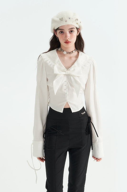 Short length ruffle ribbon shirt