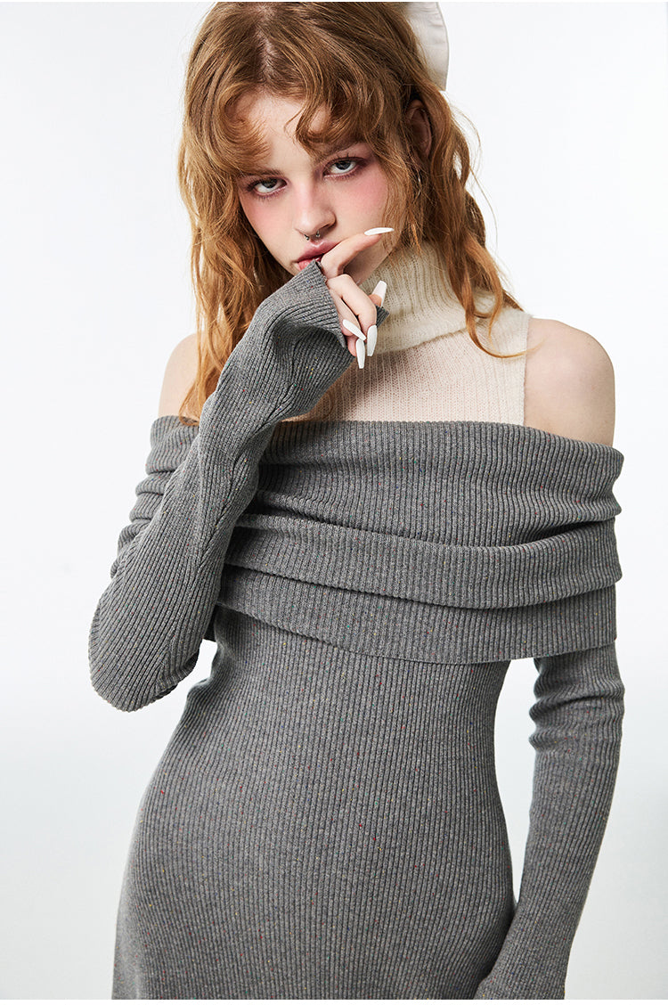 Hot Girl Off-Shoulder Sweater Turtleneck Dress