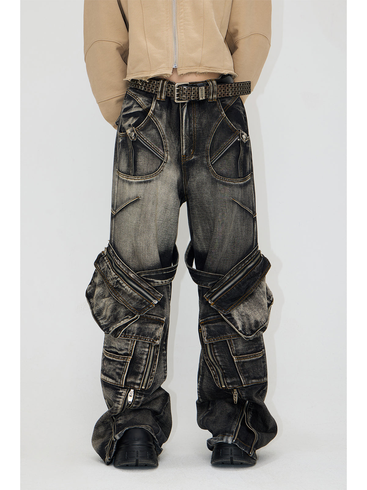 Multi-pocket washed denim pants