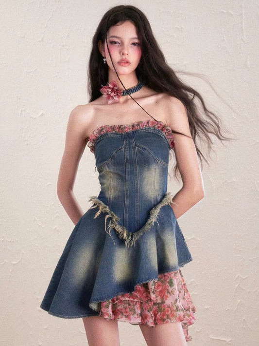 Flower Stitch Tube Top Denim Dress