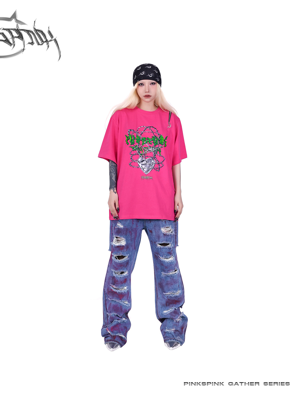 Loose Straight Graffiti Damaged Denim Pants