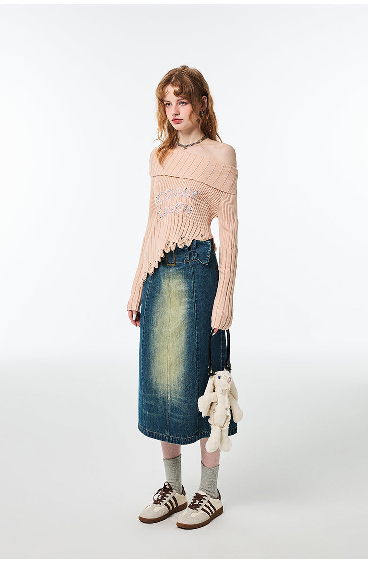 Hip Hugging High Waist Mid Length Denim Skirt