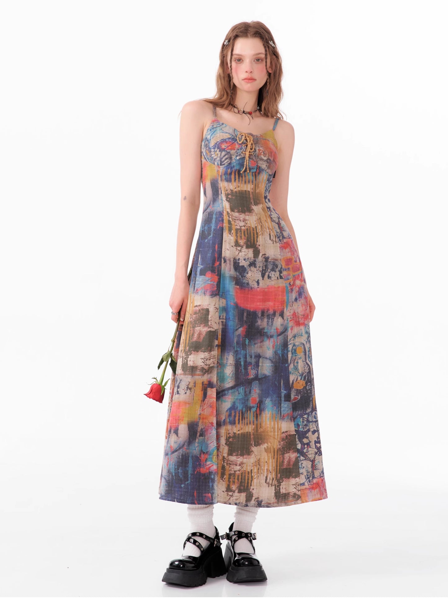 Graffiti print suspender dress