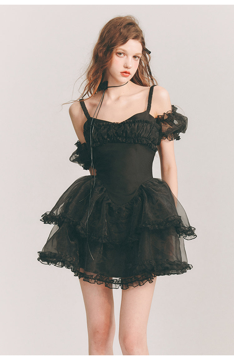 Frill Suspender Puff Skirt Short Dress