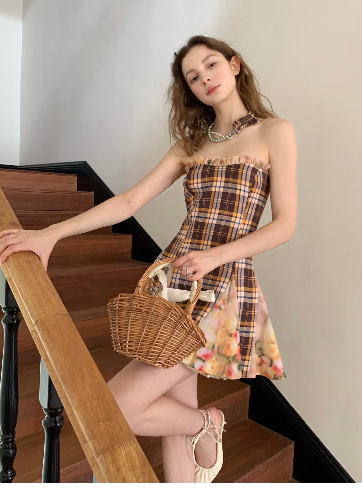 Original Checked Splicing Floral Dress