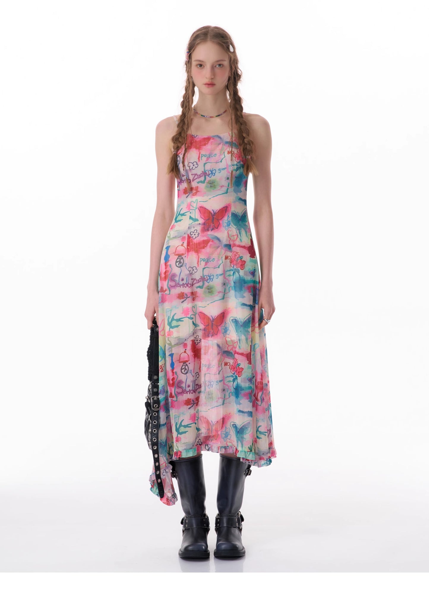 Graffiti butterfly print suspender dress